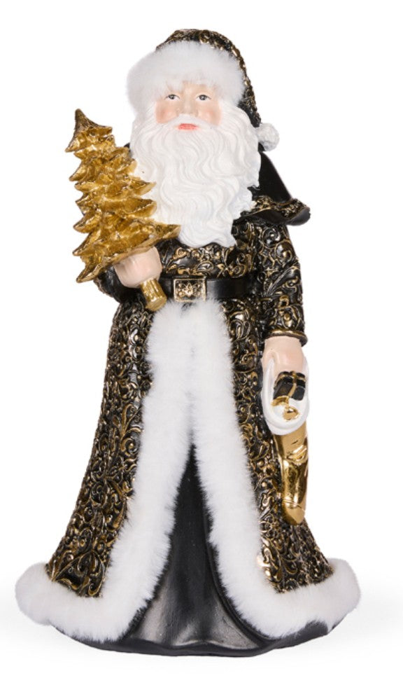 Elegant black and gold resin Santa figurine with soft white faux fur trim, holding a gold Christmas tree and festive bell.