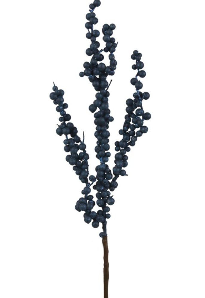 52cm midnight blue berry stem with realistic matte berries for Christmas trees, wreaths, garlands and festive floral arrangements.