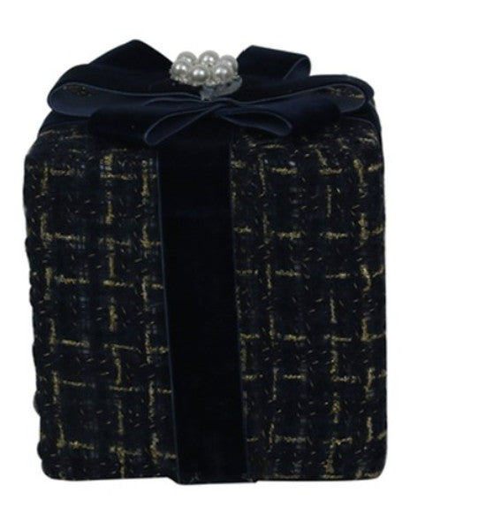 Midnight blue tweed decorative Christmas gift box with navy velvet ribbon and pearl embellishment, perfect for styling beneath Christmas trees and festive displays.