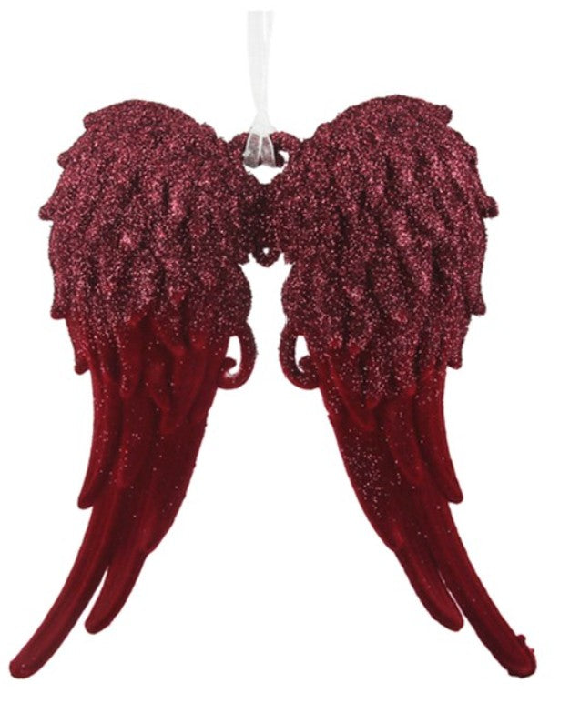 A pair of glittery angel wings ornament in a deep burgundy red gradient, featuring a sparkly textured top and a smooth, darker red gradient bottom, hanging from a clear plastic loop.