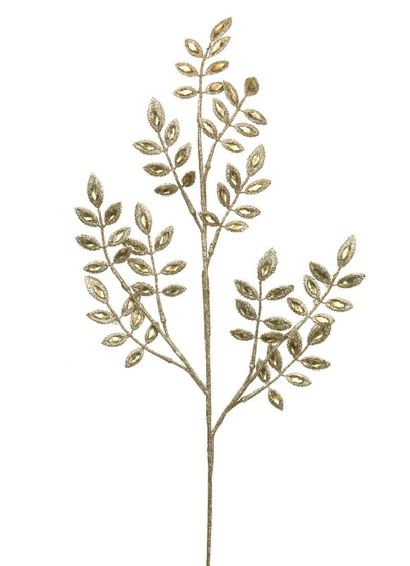 A single decorative branch with metallic gold leaves on a plain white background.
