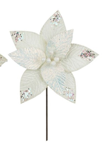 An artificial poinsettia-style flower topper with white textured petals, silver glitter accents, and a black stake on a white background.