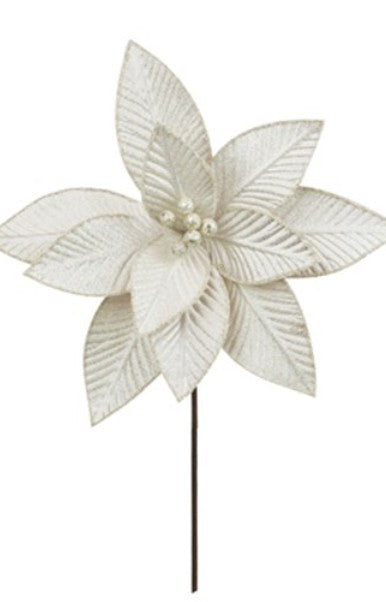 An off-white faux poinsettia stem with textured fabric petals and a small pearl-like center, shown on a plain white background.
