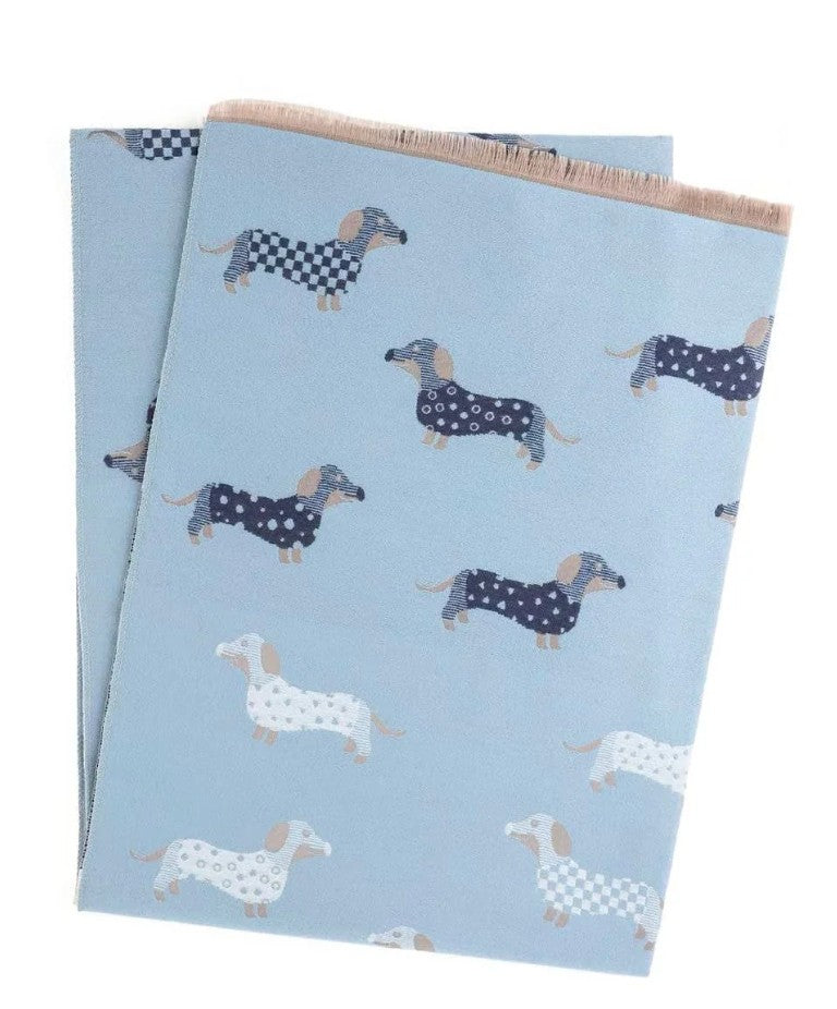 Powder blue winter scarf featuring dachshund dog print pattern
