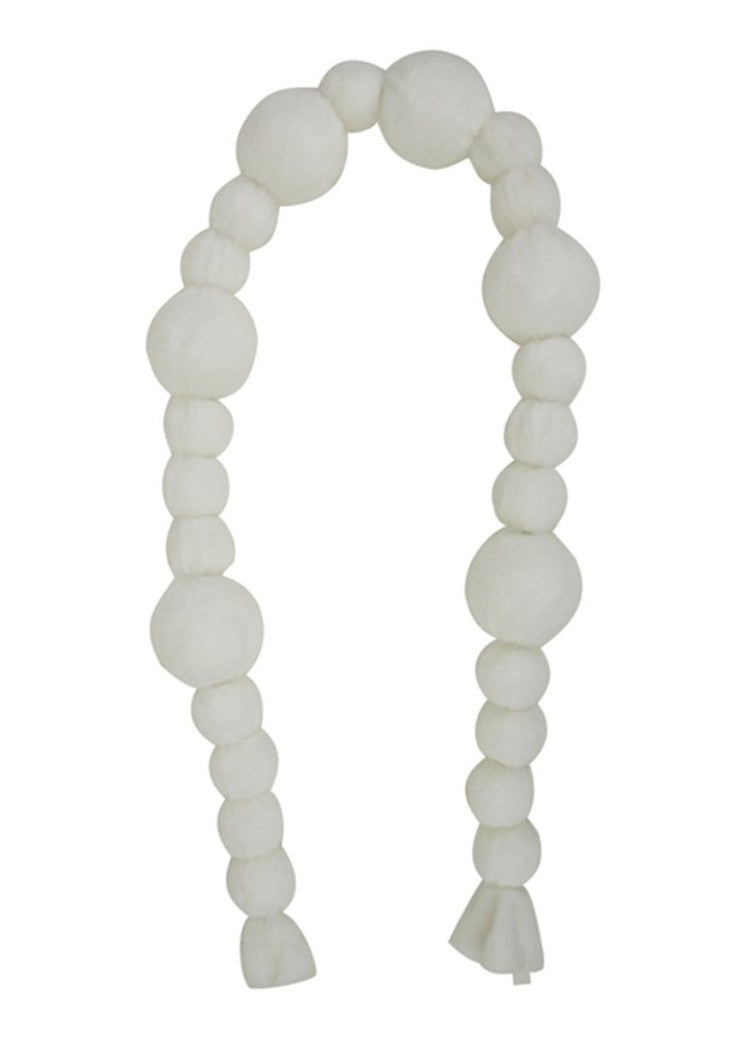 A white beaded garland with alternating large and small spherical beads, arranged in an arch shape on a plain white background.