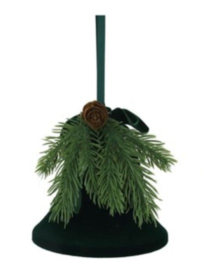 A dark green Christmas bell ornament decorated with artificial pine branches, a brown rose, and a green hanging ribbon, shown against a plain white background.