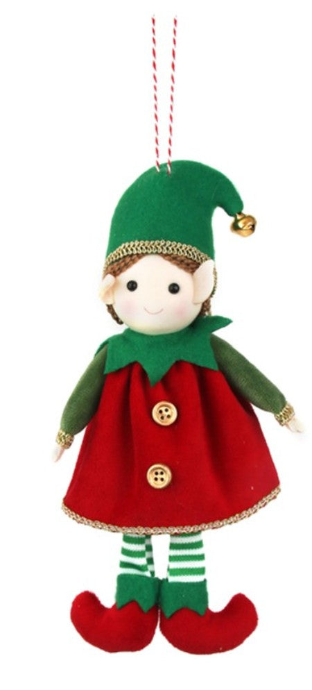 A handmade felt Christmas elf ornament with a green hat, red dress, green striped socks, and red shoes, hanging from a red and white string against a white background.