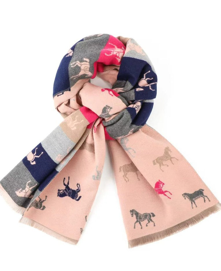 Multicolored scarf with horse patterns on a white background