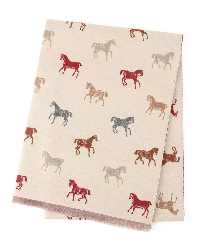 Reversible Horse Print Winter Scarf – Cream & Rust
