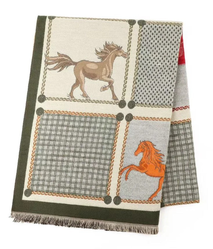 Olive Patchwork Horse Winter Scarf