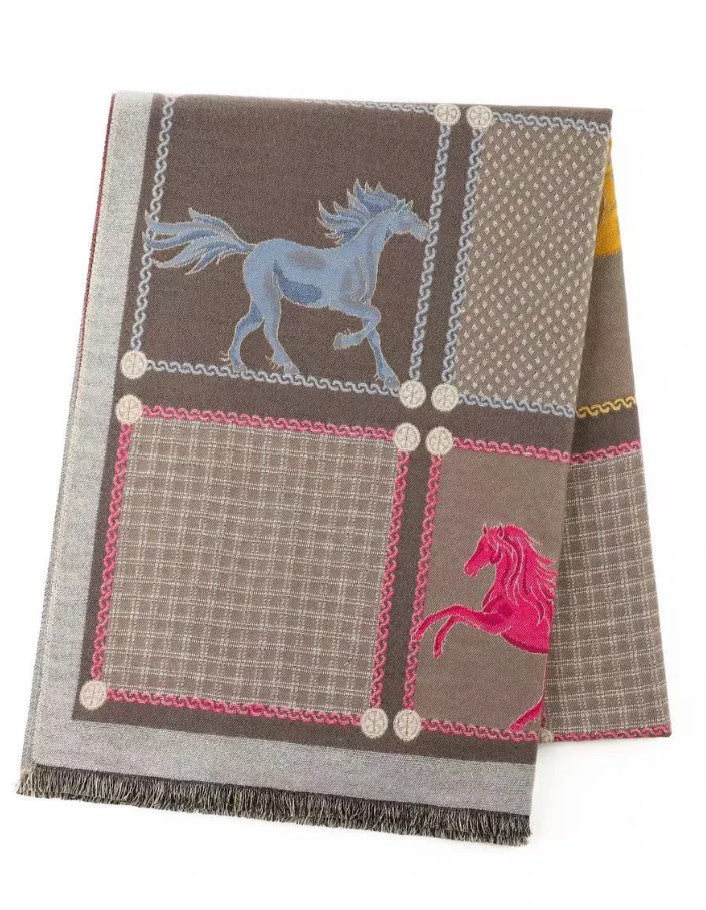 Scarf with horse designs on a checkered pattern