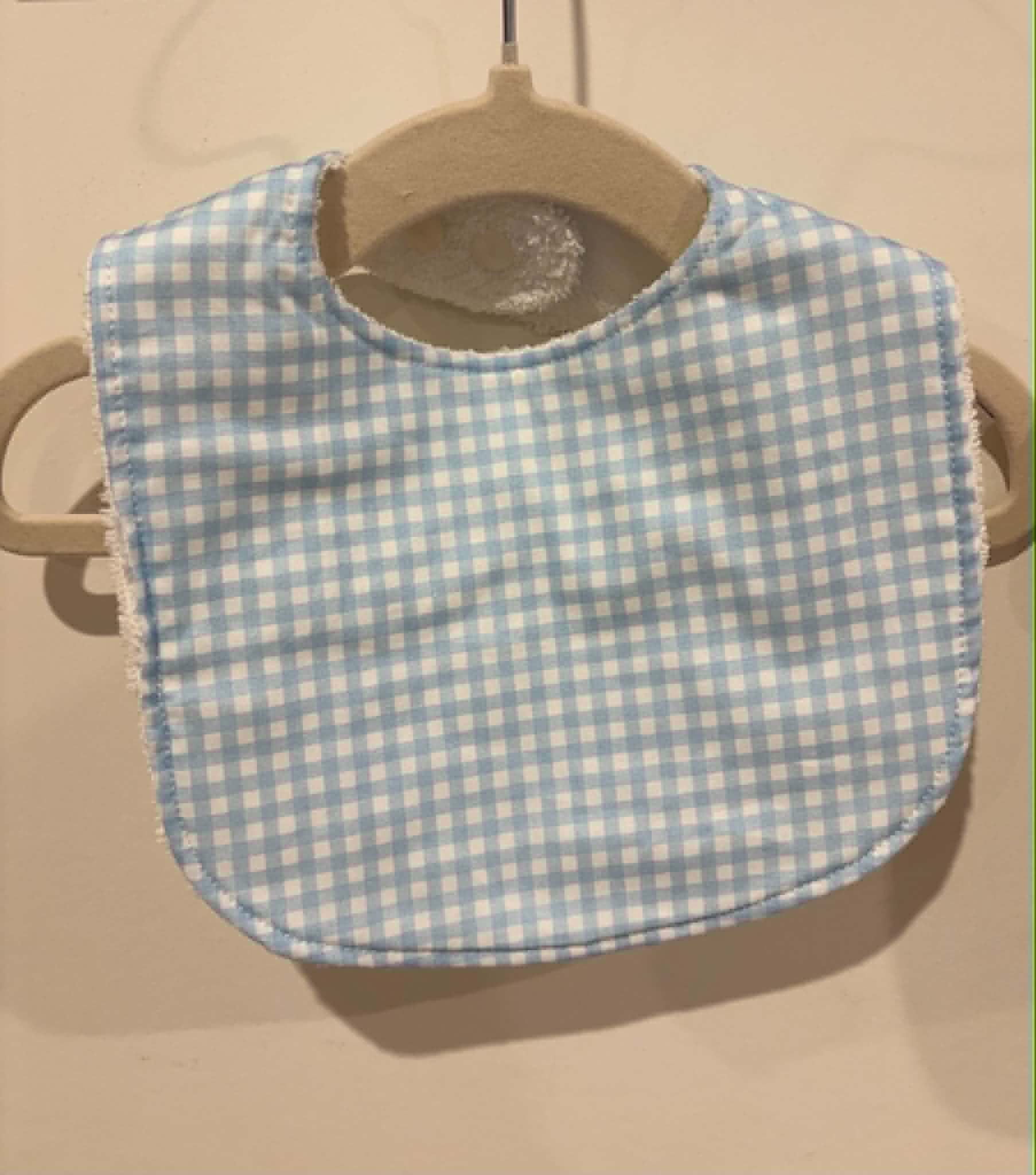 Light blue gingham baby bib handmade locally
