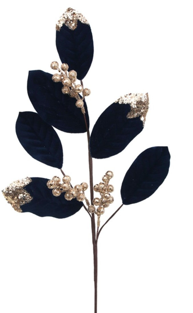 70cm midnight blue velvet leaf Christmas stem with champagne glitter tips and champagne berry clusters for luxury Christmas trees, wreaths and festive arrangements.