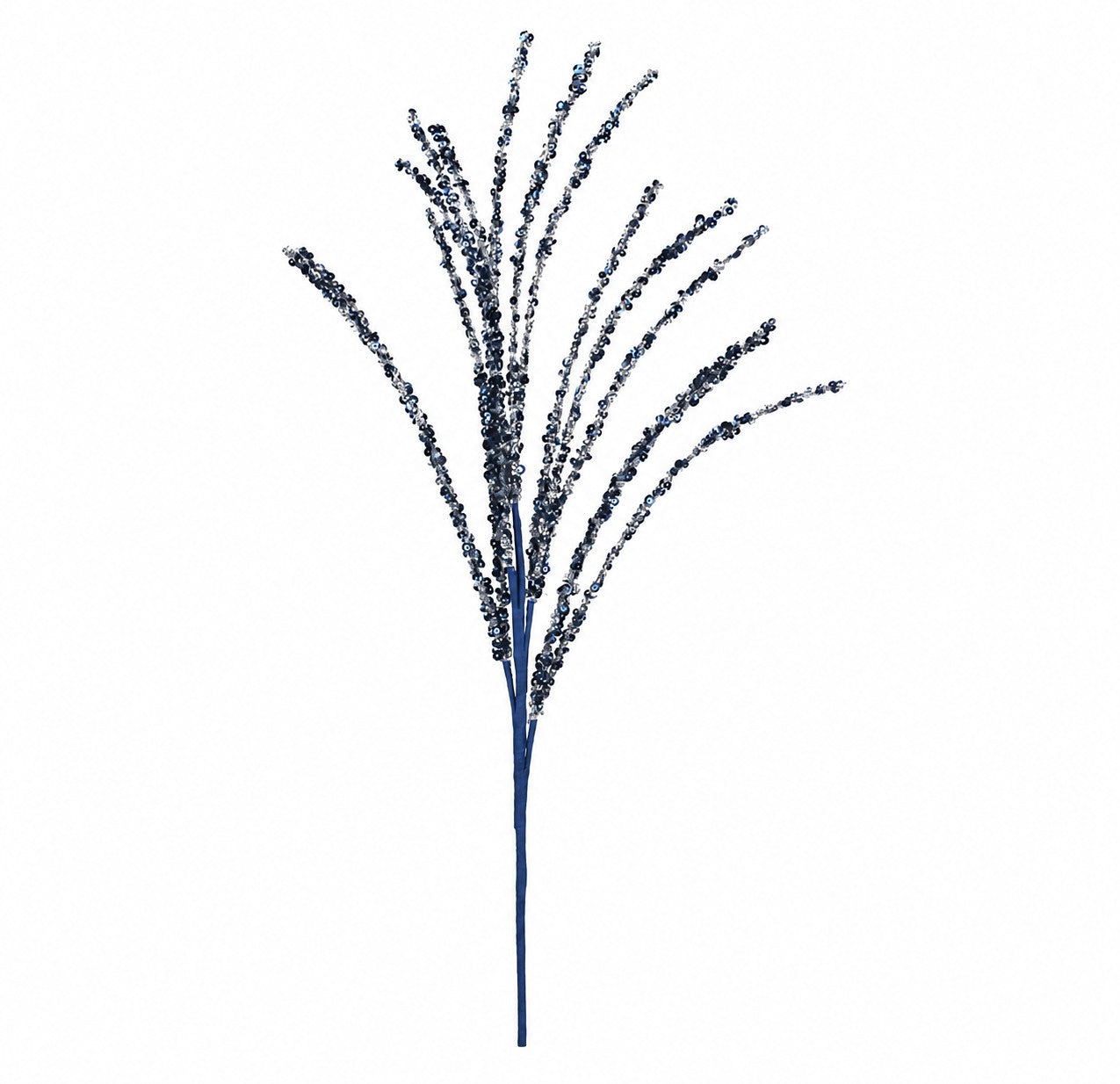 Midnight blue glitter Christmas spray with long elegant stems, ideal for decorating Christmas trees, wreaths, garlands and festive floral arrangements.