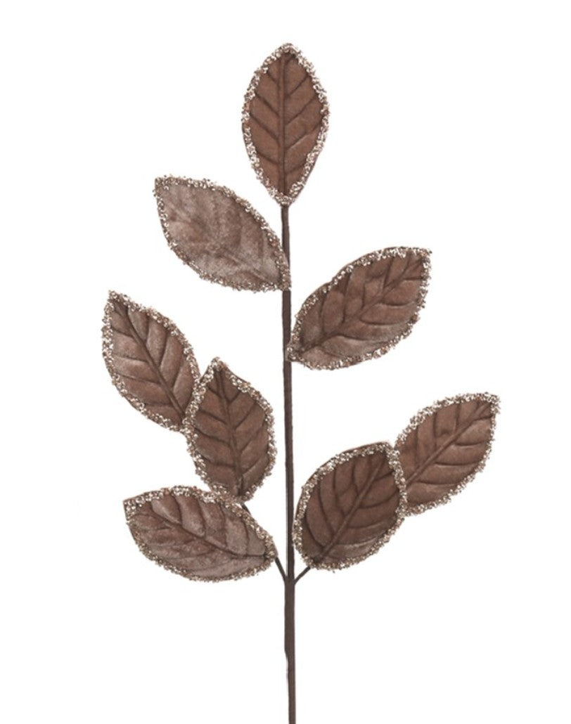 69cm mocha velvet Christmas leaf stem with champagne glitter edging, perfect for luxury Christmas trees, wreaths and festive floral arrangements.