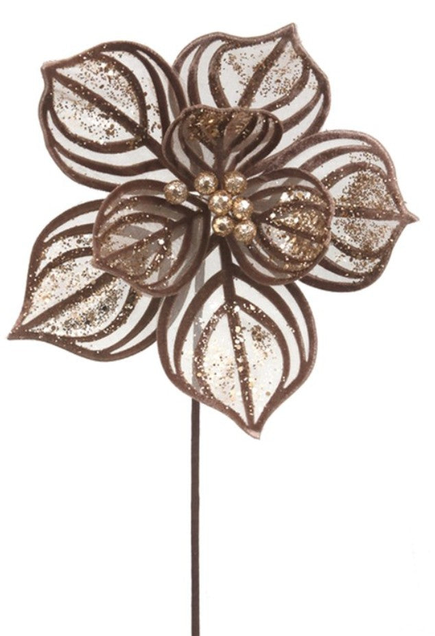 27cm mocha lace poinsettia with champagne glitter and champagne berry centre on a 50cm stem, perfect for luxury Christmas trees, wreaths and festive floral arrangements.