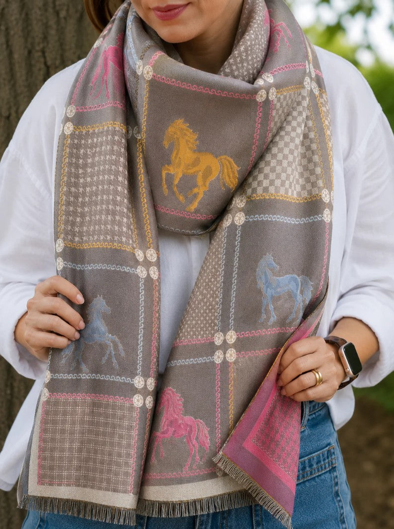 Country Charm Horse Scarf featuring colourful horse motifs on a taupe patchwork design with soft blush, blue and mustard accents and fringed edges.