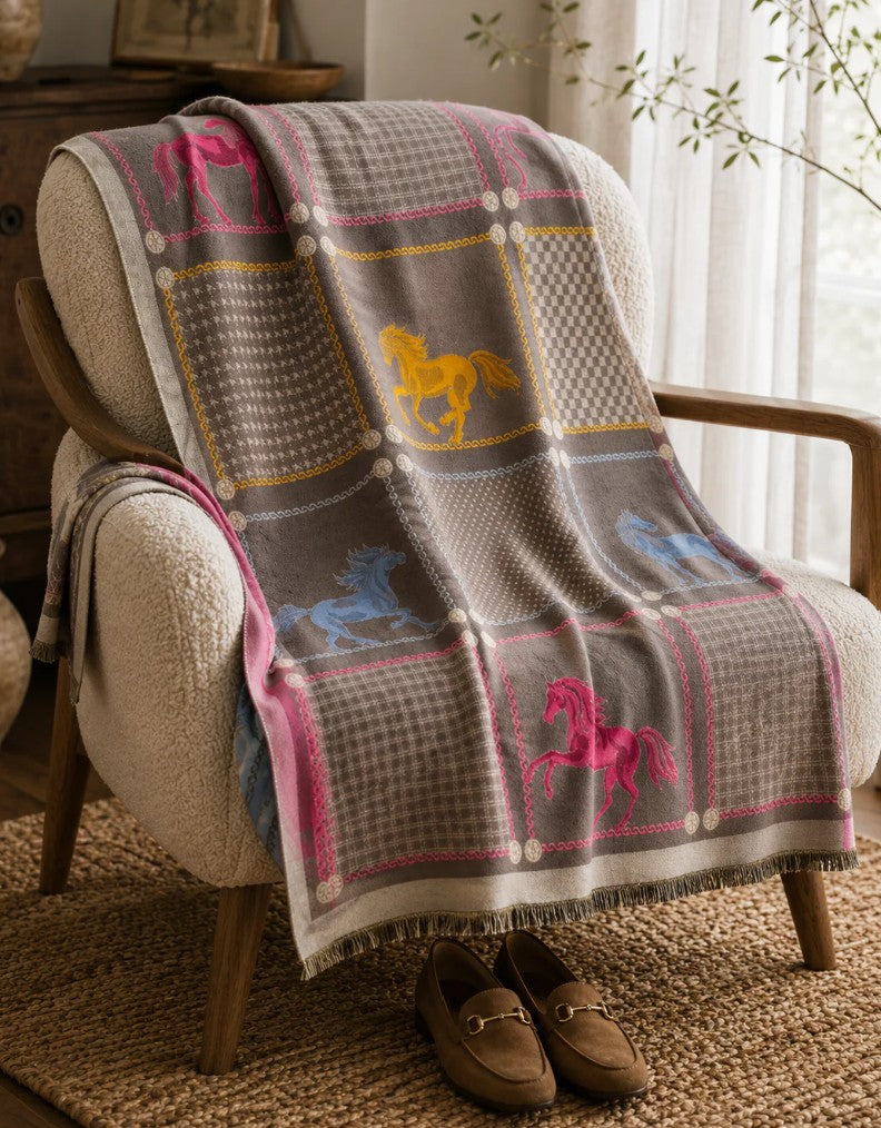 Scarf with horse patterns draped over a chair in a cozy room.