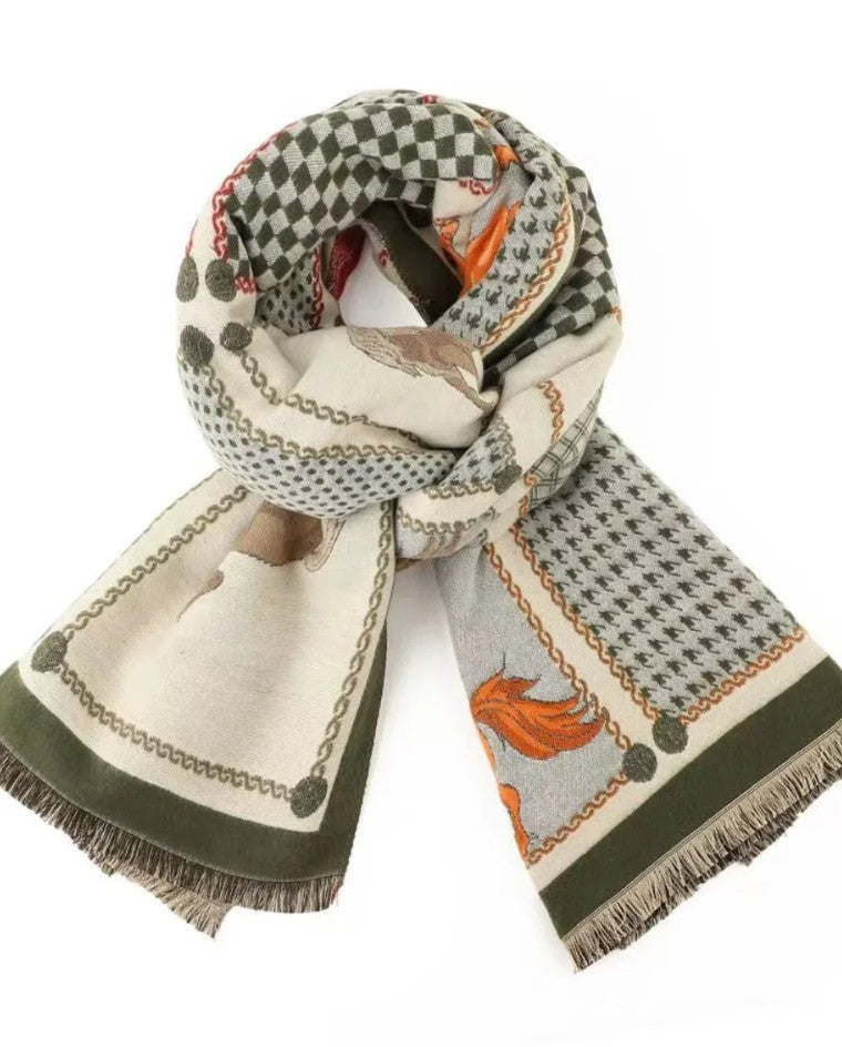 Olive green patchwork winter scarf featuring horse motifs, check patterns and tassel fringe styling.