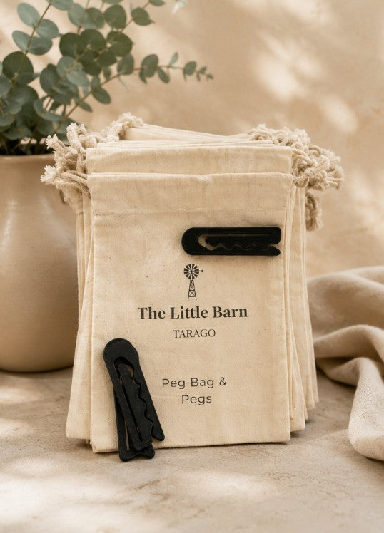 Keep your laundry organised in country style with our reusable calico peg bag and 30 locally made 3D printed pegs. Designed in Tarago, NSW.