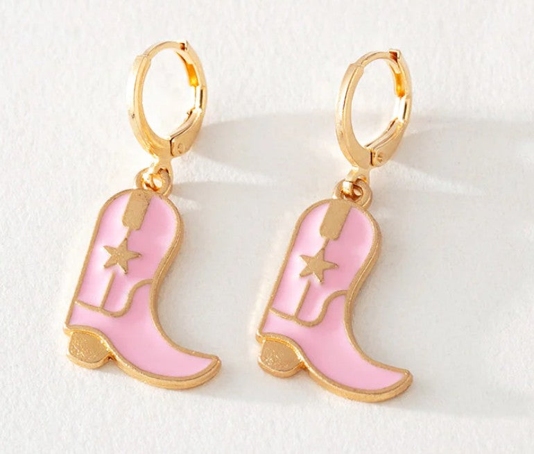 Pink enamel cowgirl boot hoop earrings with gold detailing and stainless steel posts for sensitive ears. Fun western-inspired jewellery from The Little Barn Tarago.
