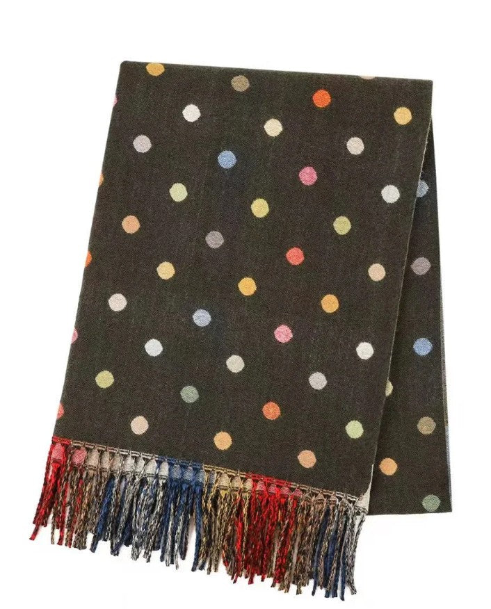 Olive green reversible winter scarf with colourful polka dots and multi-coloured tassel fringe
