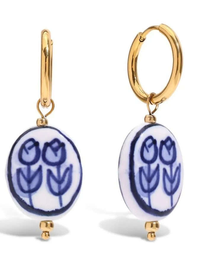 Blue and white porcelain oval drop earrings with tulip design and gold hoop, lightweight statement jewellery