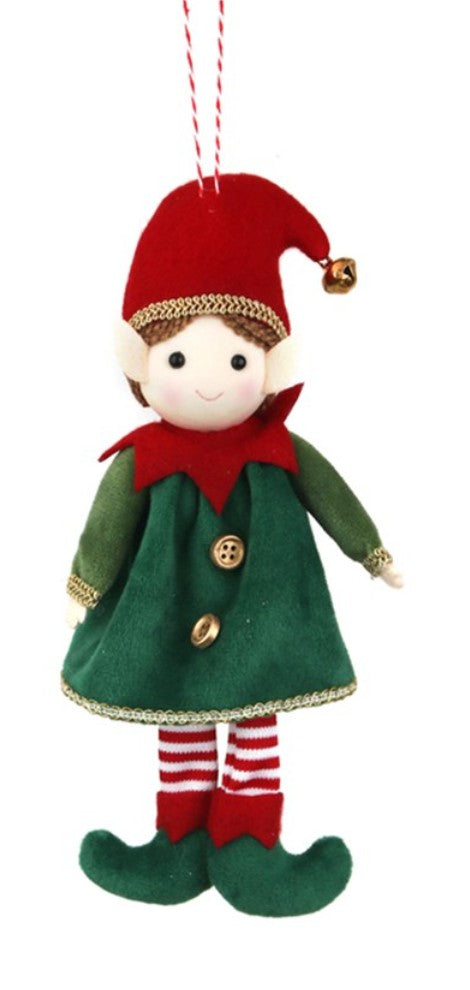 A plush Christmas elf ornament hanging from a red-and-white string. The doll has a red hat with a small gold bell, a green coat with red collar and gold buttons, red-and-white striped socks, and green shoes, shown on a plain white background.
