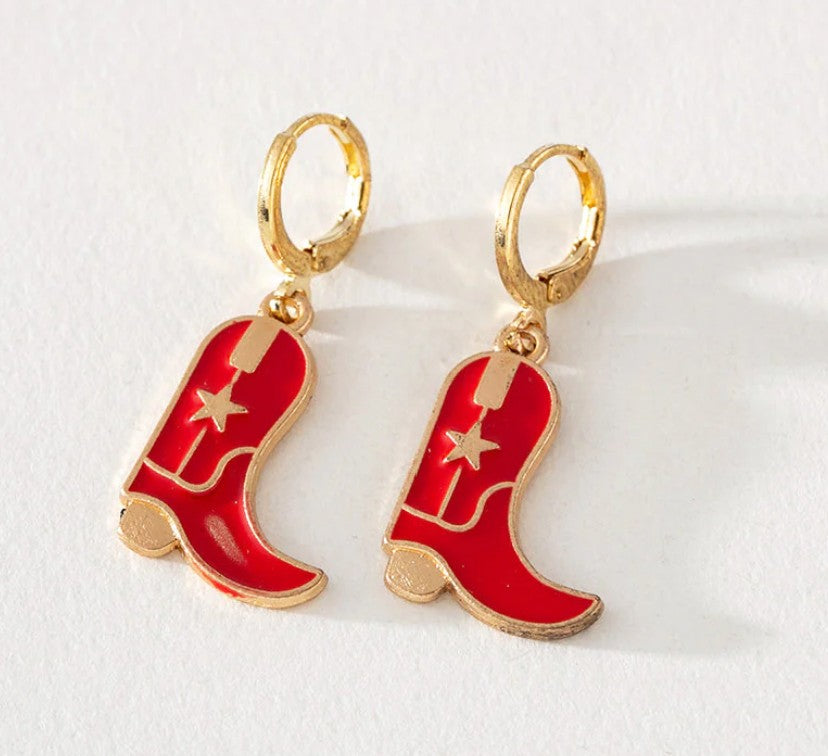 Red enamel cowboy boot hoop earrings with gold detailing and stainless steel posts for sensitive ears. Perfect western-inspired jewellery from The Little Barn Tarago