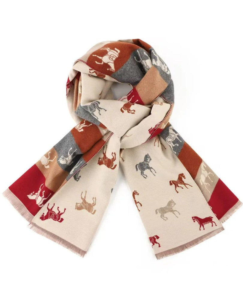 Cream reversible winter scarf with horse print and earthy tones