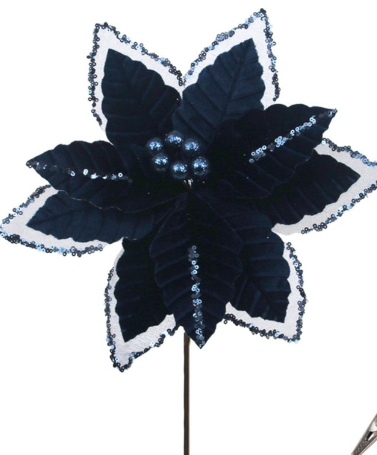 25cm royal blue velvet poinsettia with sequin-edged organza petals and glitter berry centre for luxury Christmas trees, wreaths and festive floral arrangements.