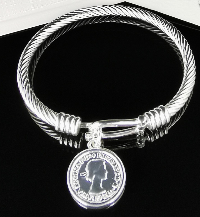 Silver Bangle Bracelet with Coin Charm