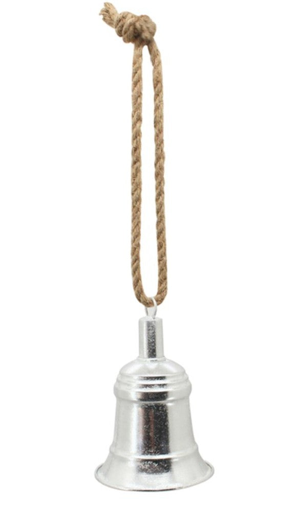 A small silver bell ornament with a natural jute hanging rope, isolated on a white background.