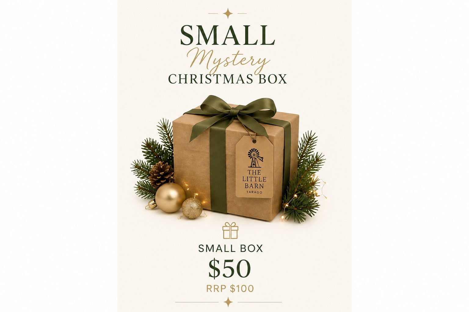 Small Mystery Christmas Box wrapped with ribbon and filled with surprise Christmas decorations.