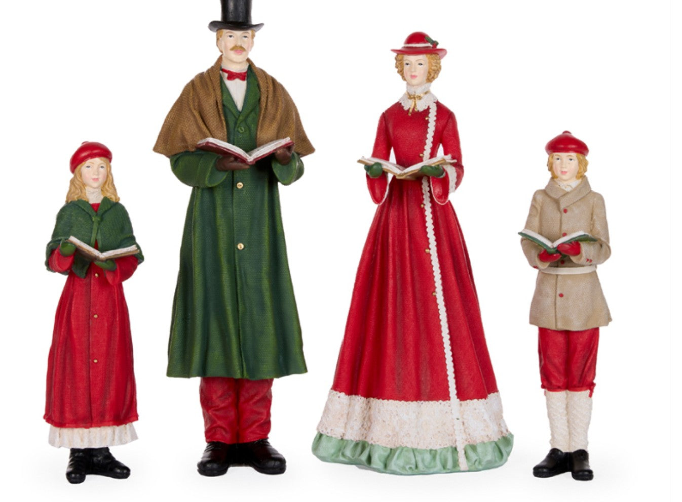 Traditional resin Christmas caroler family scene featuring four Victorian-inspired singers in festive red and green attire.