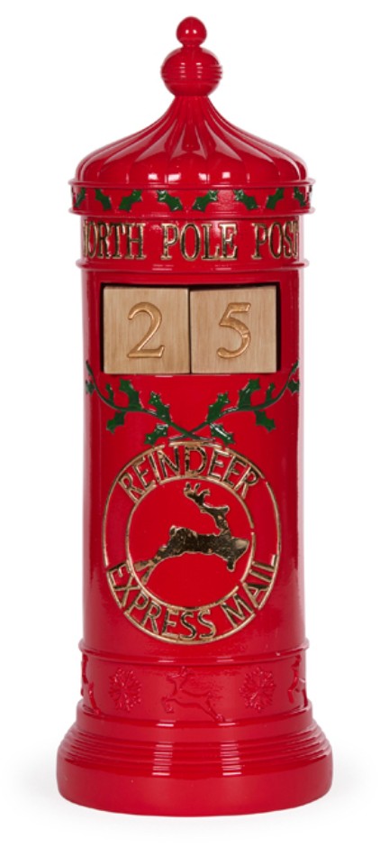 Traditional red resin mailbox Christmas countdown decoration with interchangeable number blocks and festive detailing.