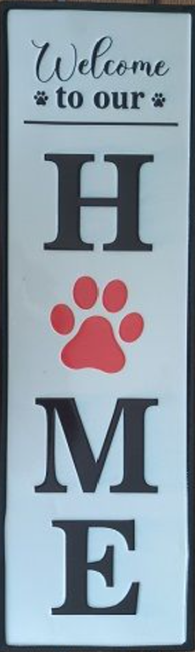 “Welcome to our home dog sign with red paw print – pet lover wall decor for entryway Australia”