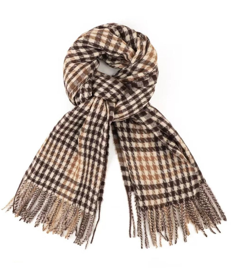 Plaid scarf with fringes on a white background
