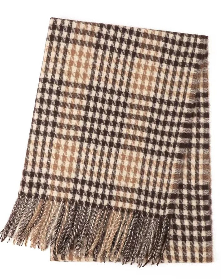 Brown neutral check winter scarf with tassel fringe detail