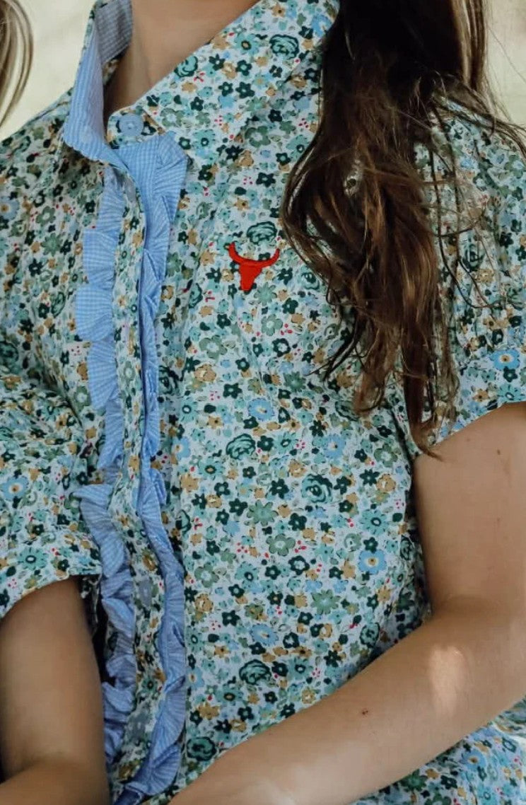 Soft Blue Floral Sleeve Blouse