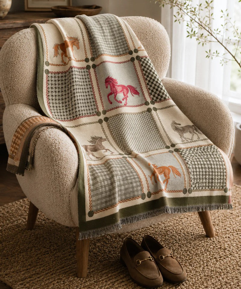 Olive green patchwork winter scarf featuring horse motifs, check patterns and tassel fringe styling on armchair