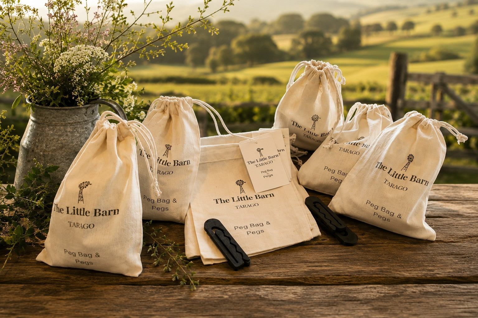 Country style peg bag and reusable pegs by The Little Barn Tarago displayed in rustic farmhouse setting