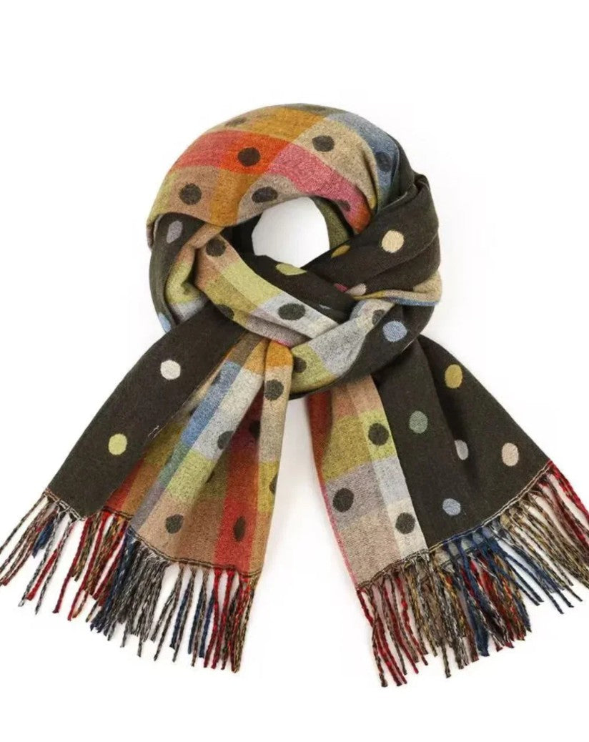 Reversible Spotty Dotty scarf styled wrapped around neck showing olive green polka dot and check design